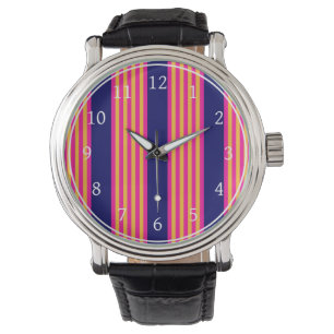 Reloj De Pulsera Fuchsia y rayas amarillas con azul marino