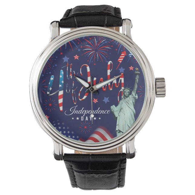 Reloj De Pulsera Fuegos Artificiales Del 4 De Julio Con La Estatua  (Anverso)