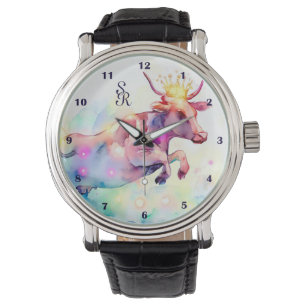 Reloj De Pulsera Fun Cow Diseño Arcoiris Watercolor Art Monogramado