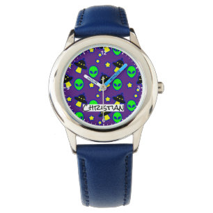 Reloj De Pulsera Funny Alien Head UFO Stars Pattern Nombre de comic