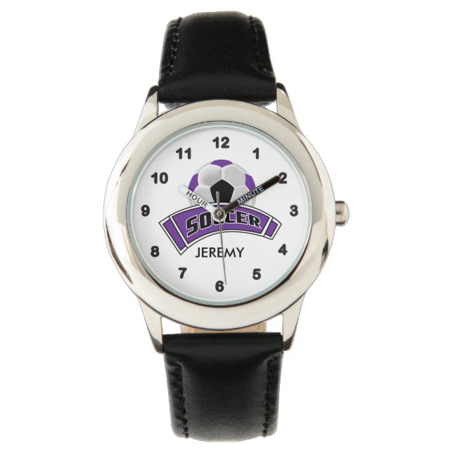 Reloj De Pulsera Fútbol Púrpura Personalizado para Niños (Anverso)