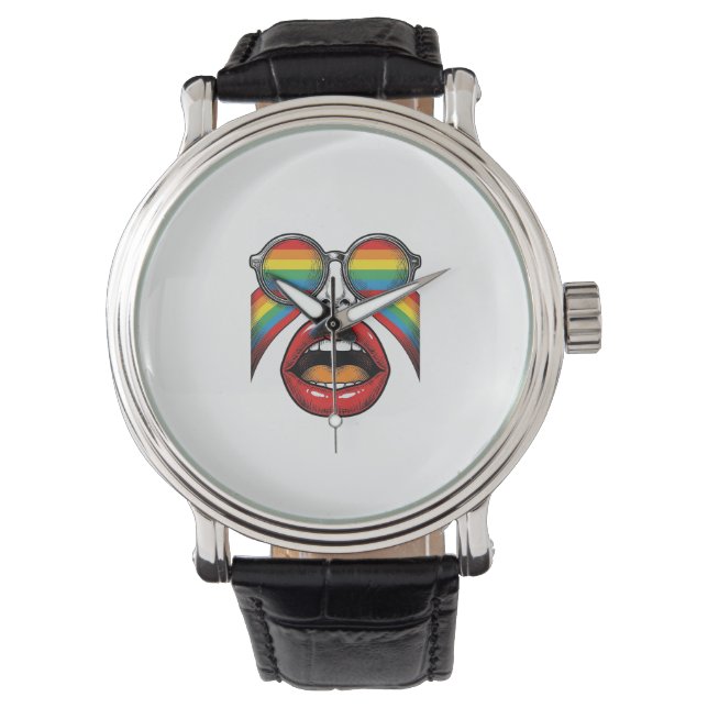 Reloj De Pulsera Gafas de sol arcoíris retro labios cara diseño vec (Anverso)