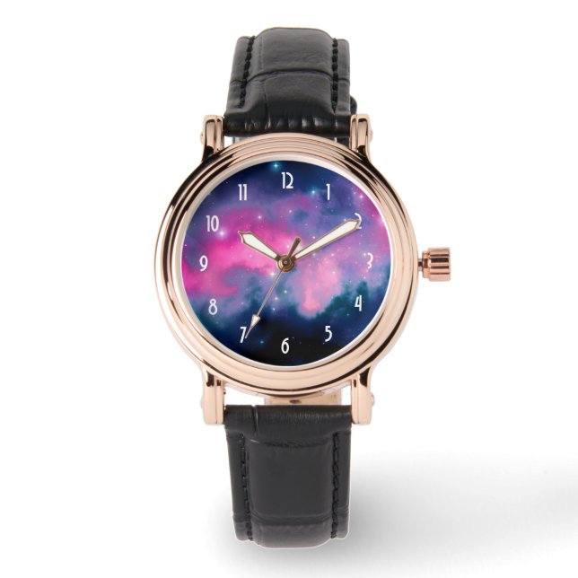 Reloj De Pulsera Galaxia rosa y azul y resumen de estrellas (Anverso)