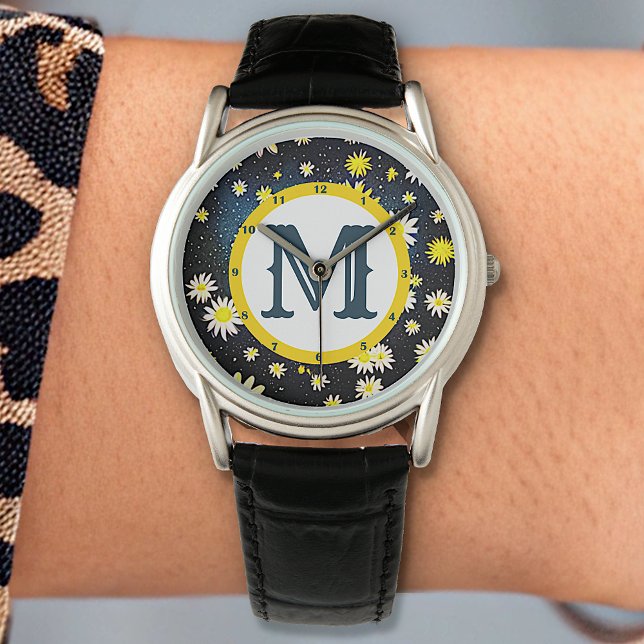 Reloj De Pulsera Galaxy Sky Daisy Flowers Monograma Letra Dark Blue (Subido por el creador)