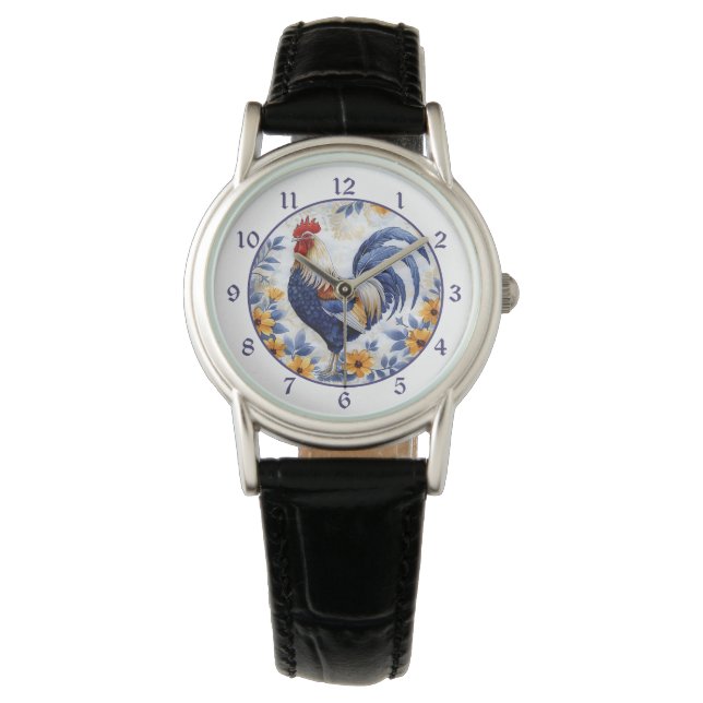 Reloj De Pulsera Gallo Azul Floral Dorado (Anverso)