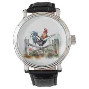 Reloj De Pulsera gallo sentado sobre la acuarela de la valla blanca