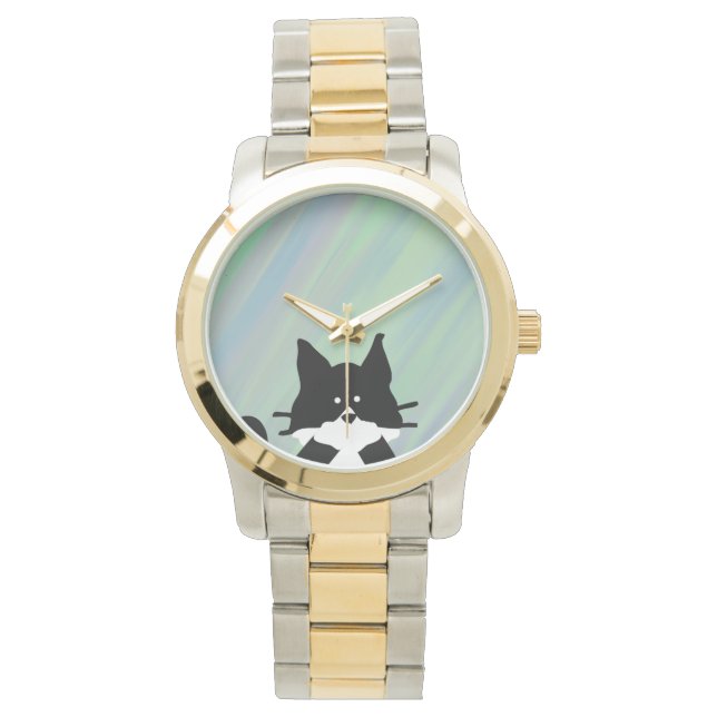 Reloj De Pulsera Gata Cubriendo su Boca con Fondo (Anverso)