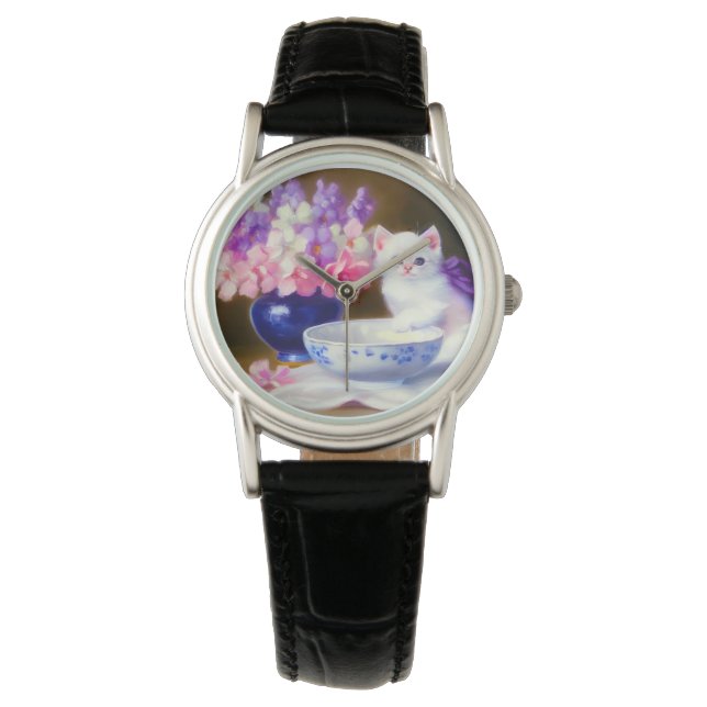 Reloj De Pulsera Gatito blanco vintage con cinta morada (Anverso)
