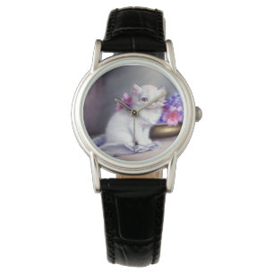 Reloj De Pulsera Gatito blanco vintage con flores rosadas y moradas