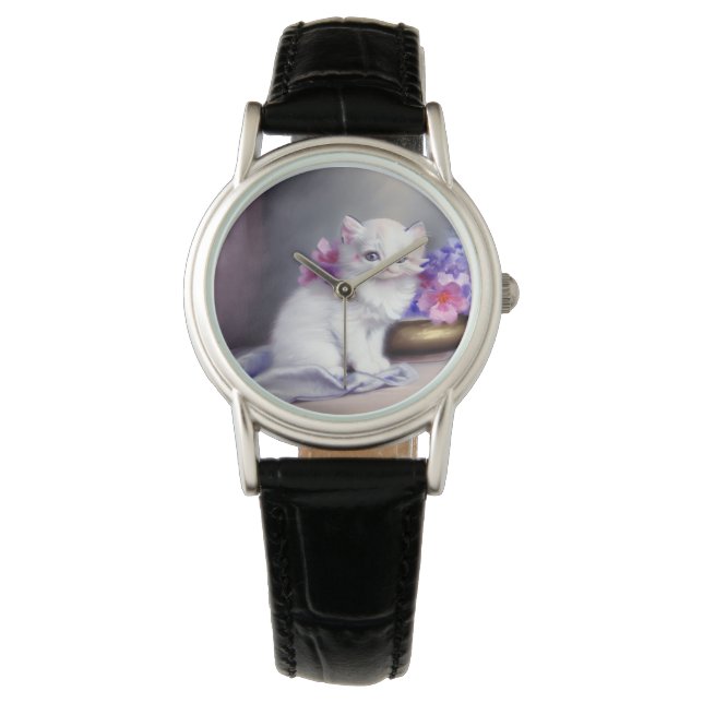 Reloj De Pulsera Gatito blanco vintage con flores rosadas y moradas (Anverso)