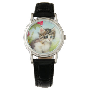Reloj De Pulsera Gatito blanco y marrón vintage con flores
