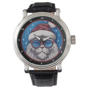 Reloj De Pulsera Gatito Festivo con Sombrero de Santa