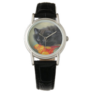 Reloj De Pulsera Gatito negro vintage con manta de flores rojas