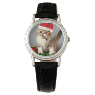 Reloj De Pulsera Gatito vintage de Navidad en Santa Hat