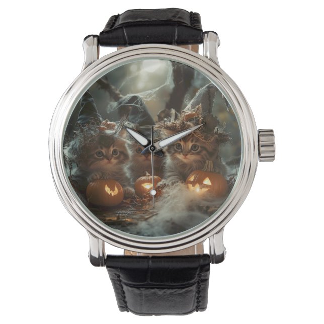 Reloj De Pulsera Gatitos adorables de Halloween con calabazas (Anverso)
