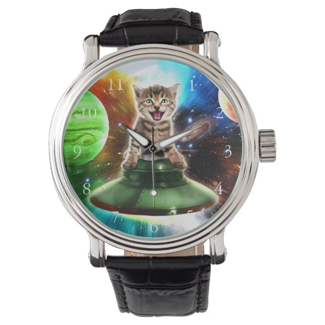 Reloj De Pulsera Gato alienígena en el platillo de ufo (Anverso)