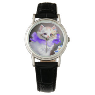 Reloj De Pulsera Gato blanco con pintura de cuello de flores morada