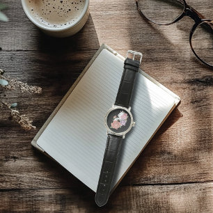 Reloj De Pulsera Gato Blanco Floral Pastel Botánico Romántico Negro