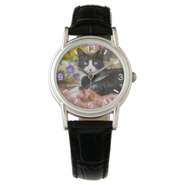 Reloj De Pulsera Gato blanco-negro lindo descansando bajo un árbol  (Anverso)