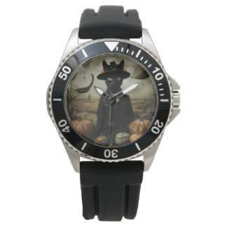 Reloj De Pulsera Gato Bruja con Calabazas 