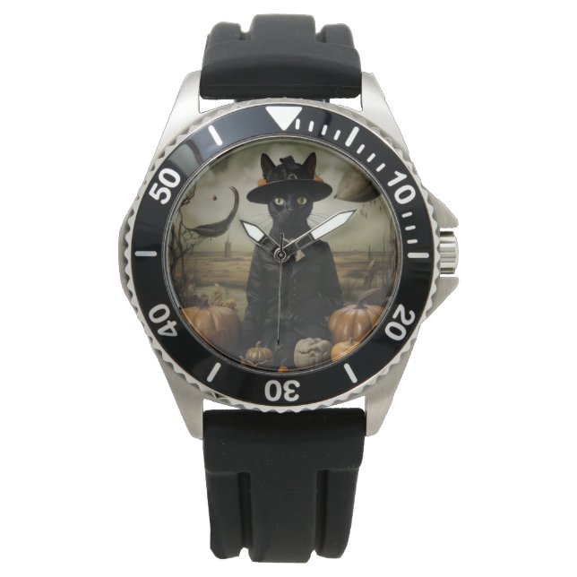 Reloj De Pulsera Gato Bruja con Calabazas  (Anverso)