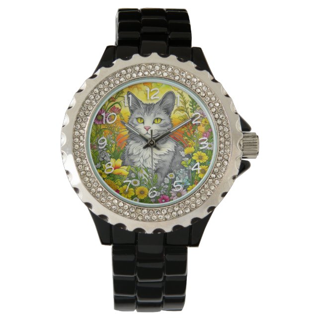 Reloj De Pulsera Gato caprichoso y flores (Anverso)