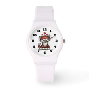 Reloj De Pulsera Gato con Corazones Rojos Divertido y Lindo