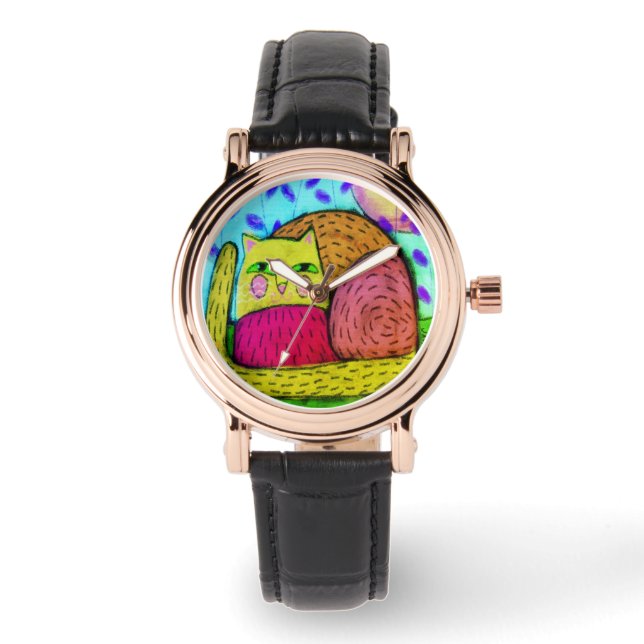 Reloj De Pulsera Gato con Sol Abstract Art a usar (Anverso)