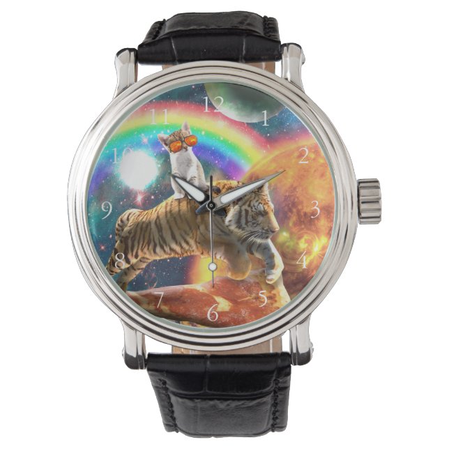Reloj De Pulsera Gato de galaxia espacial montando tigre en pizza (Anverso)
