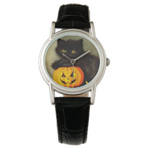 Reloj De Pulsera Gato de Halloween vintage y linterna de Jack-o