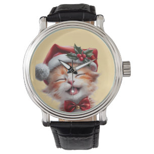 Reloj De Pulsera Gato de Navidades cortos con Santa Hat y Bow Tie