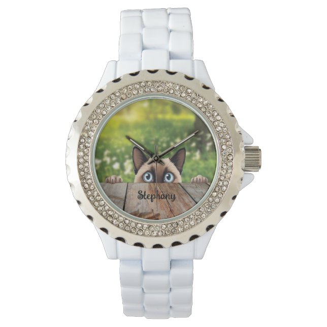 Reloj De Pulsera Gato de Peeking cutáneo siamés (Anverso)