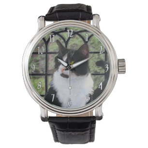 Reloj De Pulsera Gato de Tuxedo en la ventana Pintura de arte anima