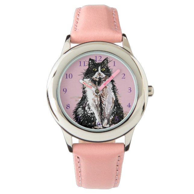 Reloj De Pulsera Gato de Tuxedo Gatos Blancos Negros Cuidados Chica (Anverso)