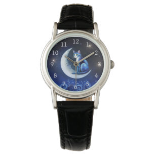 Reloj De Pulsera Gato en la luna creciente azul gato 773