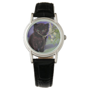 Reloj De Pulsera Gato estilo Van Gogh con flores blancas