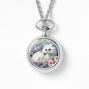 Reloj De Pulsera Gato gitano blanco persa ojos azules en flores ros