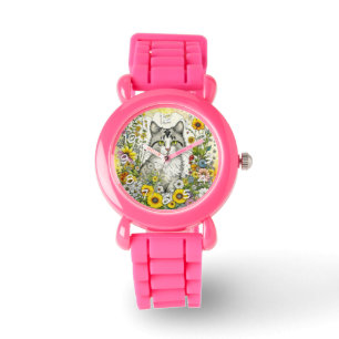 Reloj De Pulsera Gato Gris gitano sentado en flores