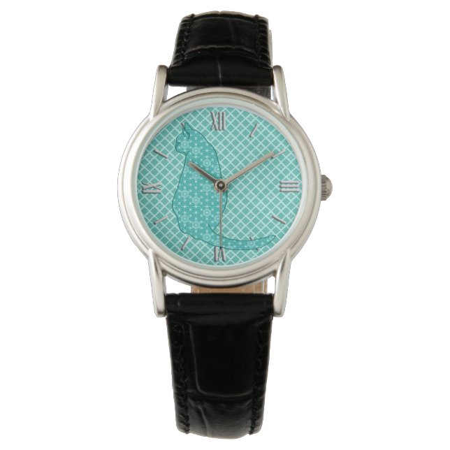 Reloj De Pulsera Gato japonés - Impresión de kimono turquesa (Anverso)