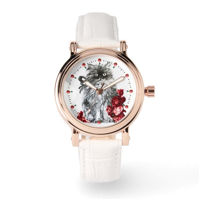 Reloj De Pulsera GATO KITTY / KITTEN CON ROSAS ROSAS ROJAS Blanco N (Anverso)