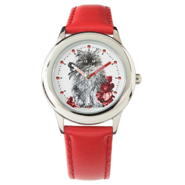Reloj De Pulsera GATO KITTY / KITTEN CON ROSAS ROSAS ROJAS Blanco N (Anverso)