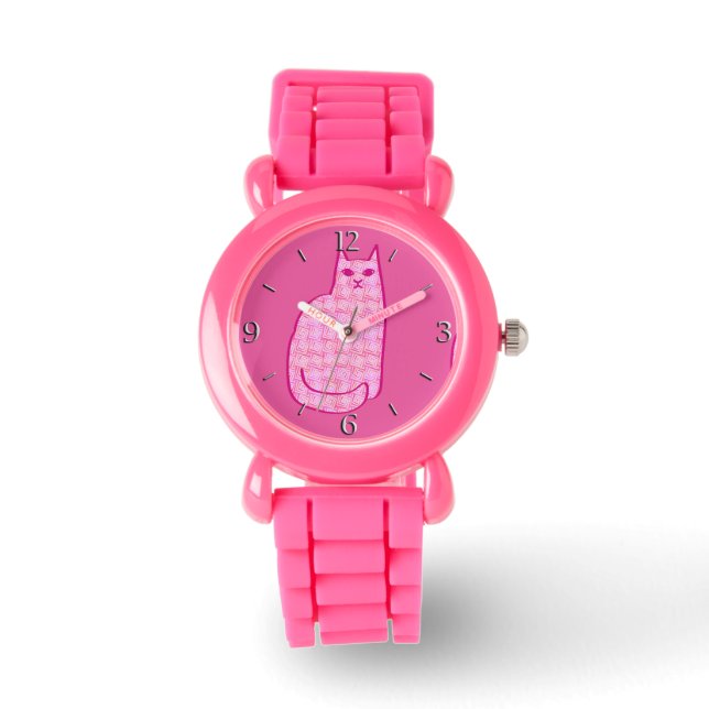 Reloj De Pulsera Gato moderno de mediados de siglo, fucsia y rosa c (Anverso)
