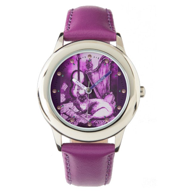Reloj De Pulsera GATO MUSICAL CON OWL, Blanco Púrpura (Anverso)