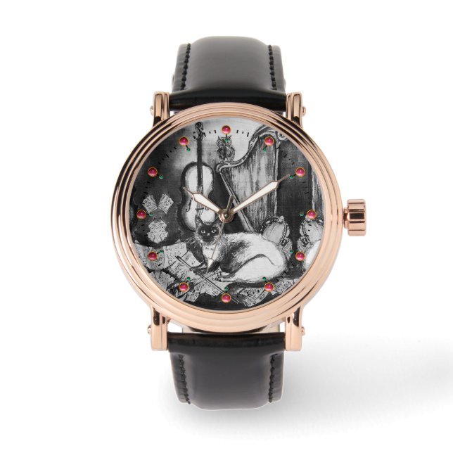 Reloj De Pulsera GATO MUSICAL, OWL, VIOLIN, HARP Black White Music (Anverso)