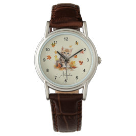 Reloj De Pulsera Gato naranja atigrado lindo en hojas de otoño