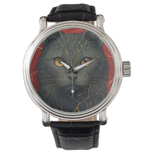 Reloj De Pulsera Gato Negro Con Acento De Grietas Doradas Kintsugi