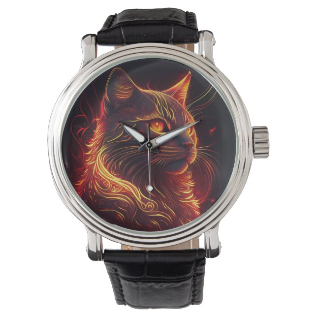 Reloj De Pulsera Gato negro con fuego rojo y aura dorada (Anverso)