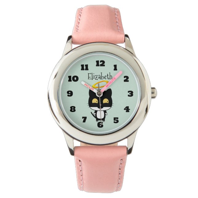 Reloj De Pulsera Gato negro con Halo dorado Ángel Cute personalizad (Anverso)