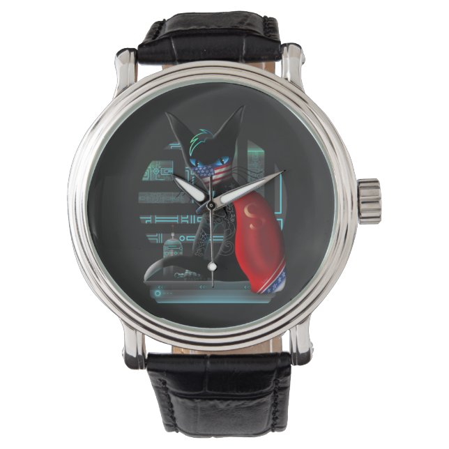 Reloj De Pulsera Gato negro Cyberpunk Ninja (Anverso)