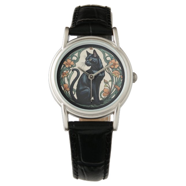 Reloj De Pulsera Gato negro de Art Nouveau (Anverso)